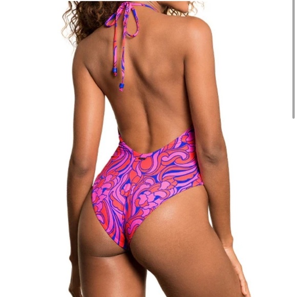 Maaji Spiral Cardamom Classic Halter High Leg One Piece Rosado Reversible Small - Picture 2 of 12